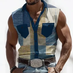 Online OUKU Men's Color Block Patchwork Shirt Western Shirt Cowboy Shirt Sleeveless Western Style Outdoor Work Causal Summer Spring Turndown 3D Print Front Two Pockets Button Up Shirts Army Green Blue Brown