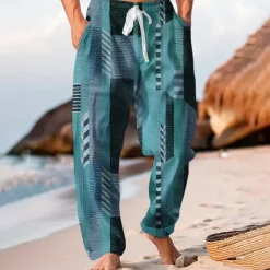 Hot OUKU Men's Color Block Patchwork Trousers Baggy Pants Casual Pants Mid Waist Hawaiian Casual Outdoor Vacation Holiday Wide Leg Summer Spring 3D Print Blue Orange Brown