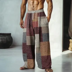 Outlet OUKU Men's Color Block Patchwork Pants Trousers Mid Waist Drawstring Elastic Waist Hawaiian Casual Outdoor Vacation Holiday Straight Leg Trousers Summer Spring Fall 3D Print Yellow Red Blue