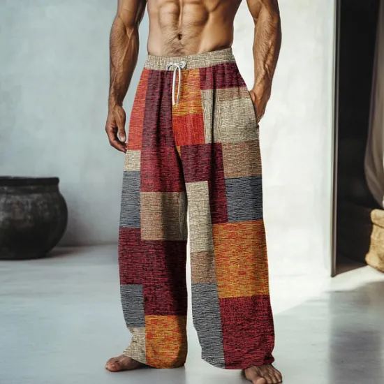 Outlet OUKU Men's Color Block Patchwork Pants Trousers Mid Waist Drawstring Elastic Waist Hawaiian Casual Outdoor Vacation Holiday Straight Leg Trousers Summer Spring Fall 3D Print Yellow Red Blue