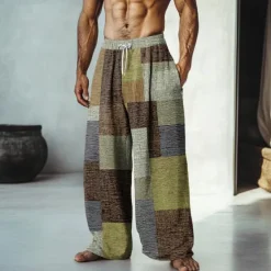 Outlet OUKU Men's Color Block Patchwork Pants Trousers Mid Waist Drawstring Elastic Waist Hawaiian Casual Outdoor Vacation Holiday Straight Leg Trousers Summer Spring Fall 3D Print Yellow Red Blue
