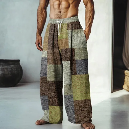 Outlet OUKU Men's Color Block Patchwork Pants Trousers Mid Waist Drawstring Elastic Waist Hawaiian Casual Outdoor Vacation Holiday Straight Leg Trousers Summer Spring Fall 3D Print Yellow Red Blue