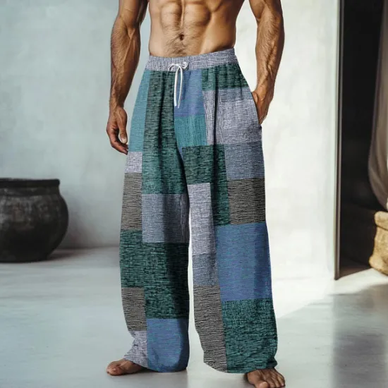 Outlet OUKU Men's Color Block Patchwork Pants Trousers Mid Waist Drawstring Elastic Waist Hawaiian Casual Outdoor Vacation Holiday Straight Leg Trousers Summer Spring Fall 3D Print Yellow Red Blue