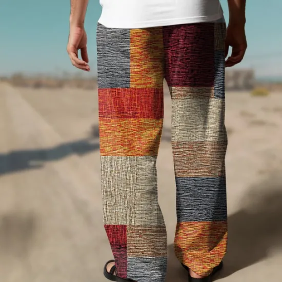 Outlet OUKU Men's Color Block Patchwork Pants Trousers Mid Waist Drawstring Elastic Waist Hawaiian Casual Outdoor Vacation Holiday Straight Leg Trousers Summer Spring Fall 3D Print Yellow Red Blue