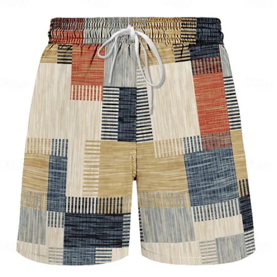 Best OUKU Men's Color Block Patchwork Grid / Plaid Swim Trunks Swim Shorts Board Shorts Mid Waist Hawaiian Casual Holiday Beach Drawstring with Mesh lining Elastic Waist Designer Clothing Apparel Khaki