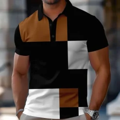 Discount OUKU Men's Color Block Polo Short Sleeve Polo Shirts Collared Shirts Casual School Outdoor Sports Daily Wear 3D Print Summer Spring Fall Yellow Red Blue