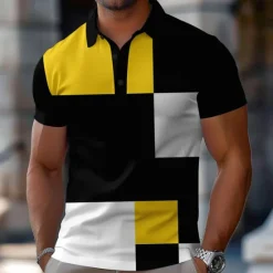 Discount OUKU Men's Color Block Polo Short Sleeve Polo Shirts Collared Shirts Casual School Outdoor Sports Daily Wear 3D Print Summer Spring Fall Yellow Red Blue