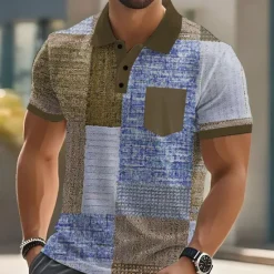 New OUKU Men's Color Block Polo Short Sleeve Polo Shirts Collared Shirts Business Casual Outdoor Athleisure Daily Wear Buttons Pocket 3D Print Summer Dark Brown Blue Brown