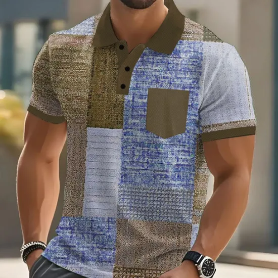 New OUKU Men's Color Block Polo Short Sleeve Polo Shirts Collared Shirts Business Casual Outdoor Athleisure Daily Wear Buttons Pocket 3D Print Summer Dark Brown Blue Brown