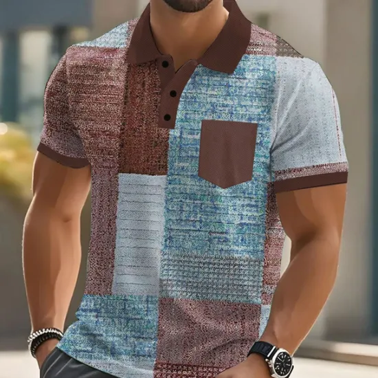 New OUKU Men's Color Block Polo Short Sleeve Polo Shirts Collared Shirts Business Casual Outdoor Athleisure Daily Wear Buttons Pocket 3D Print Summer Dark Brown Blue Brown