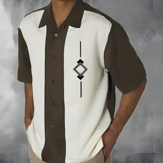 Discount OUKU Men's Color Block Shirt Summer Shirt Bowling Shirt Short Sleeve Fashion 1950s Casual Outdoor Street Casual Spring & Summer Turndown Button-Down Black Brown Khaki