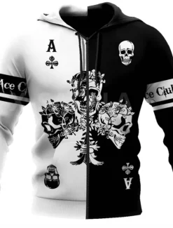 Online OUKU Men's Color Block Skull Graphic Prints Poker Hoodie Hoodies Sweatshirt Designer Sportswear Long Sleeve Hooded Casual Daily Sports Black And White Black Zipper Fall Spring & Fall Designer