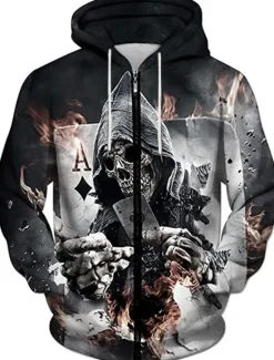 Online OUKU Men's Color Block Skull Graphic Prints Poker Hoodie Hoodies Sweatshirt Designer Sportswear Long Sleeve Hooded Casual Daily Sports Black And White Black Zipper Fall Spring & Fall Designer