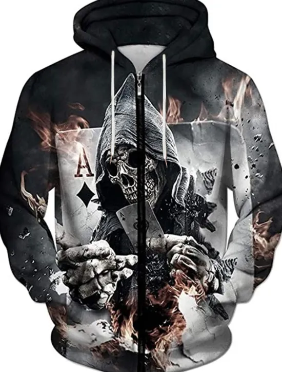 Online OUKU Men's Color Block Skull Graphic Prints Poker Hoodie Hoodies Sweatshirt Designer Sportswear Long Sleeve Hooded Casual Daily Sports Black And White Black Zipper Fall Spring & Fall Designer
