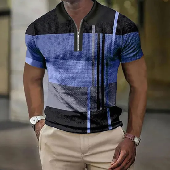 Sale OUKU Men's Color Block Striped Graphic Prints Geometry Polo Shirt Zip Polo Golf Shirt Short Sleeve Shirt Turndown Outdoor Street Lake blue Yellow Blue Green Gray Zipper Print Clothing Apparel Fashion