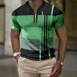 Sale OUKU Men's Color Block Striped Graphic Prints Geometry Polo Shirt Zip Polo Golf Shirt Short Sleeve Shirt Turndown Outdoor Street Lake blue Yellow Blue Green Gray Zipper Print Clothing Apparel Fashion