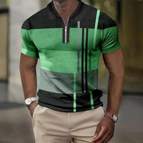 Sale OUKU Men's Color Block Striped Graphic Prints Geometry Polo Shirt Zip Polo Golf Shirt Short Sleeve Shirt Turndown Outdoor Street Lake blue Yellow Blue Green Gray Zipper Print Clothing Apparel Fashion