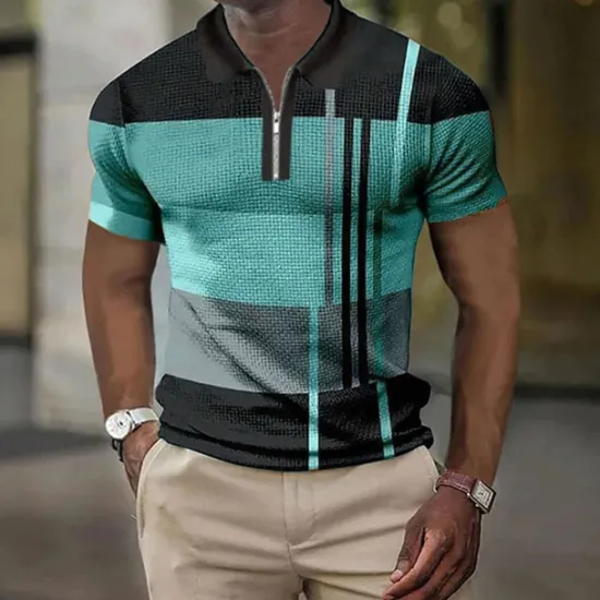 Sale OUKU Men's Color Block Striped Graphic Prints Geometry Polo Shirt Zip Polo Golf Shirt Short Sleeve Shirt Turndown Outdoor Street Lake blue Yellow Blue Green Gray Zipper Print Clothing Apparel Fashion