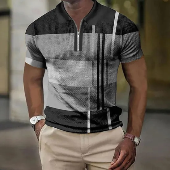 Sale OUKU Men's Color Block Striped Graphic Prints Geometry Polo Shirt Zip Polo Golf Shirt Short Sleeve Shirt Turndown Outdoor Street Lake blue Yellow Blue Green Gray Zipper Print Clothing Apparel Fashion