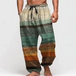 New OUKU Men's Color Block Striped Trousers Baggy Pants Casual Pants Mid Waist Retro Vintage Outdoor Vacation Elastic Drawstring Waist Linen-Like Pants with Pockets Summer Spring Fall 3D Print Blue Purple