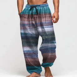 Best OUKU Men's Color Block Striped Trousers Baggy Pants Casual Pants Mid Waist Retro Vintage Outdoor Vacation Elastic Drawstring Waist Linen-Like Pants with Pockets Summer Spring Fall 3D Print Blue Brown Green