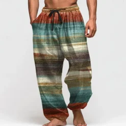Best OUKU Men's Color Block Striped Trousers Baggy Pants Casual Pants Mid Waist Retro Vintage Outdoor Vacation Elastic Drawstring Waist Linen-Like Pants with Pockets Summer Spring Fall 3D Print Blue Brown Green