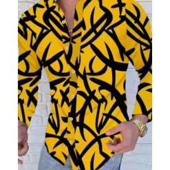 Discount OUKU Men's Color Block Striped Geometric Pattern Shirt Button Up Shirt Long Sleeve Fashion Designer Simple Casual Daily Going out Fall Winter Button Down Collar Patchwork Print Button-Down White Yellow