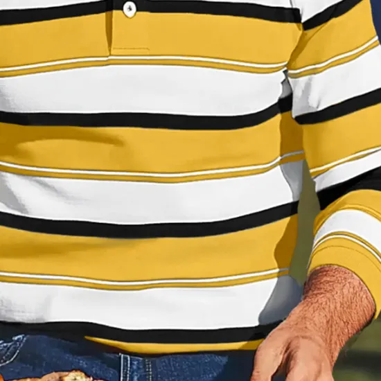 Sale OUKU Men's Color Block Stripes Rugby Polo Shirts Long Sleeve Polo Shirts Lapel Classic Fashion 3D Print Modern Casual Sports Stripe Fall Winter Yellow Red Purple