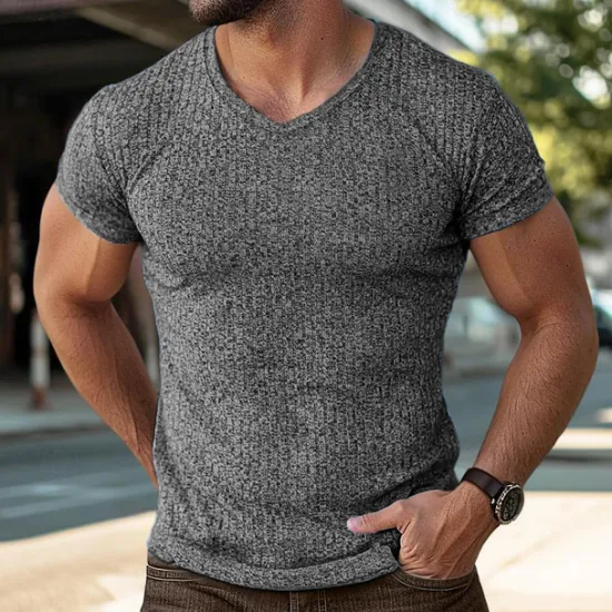 OUKU Men's Color Block Tee Short Sleeve Shirt Ribbed Knit tee Tee Top Short Sleeve V Neck Summer Spring & Summer Solid Color Pit Strip Sports Daily V Neck Outdoor Casual Black White Blue Top Tee for Men
