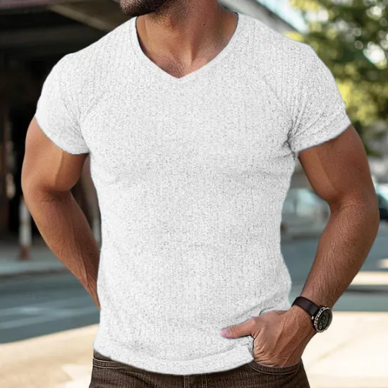 OUKU Men's Color Block Tee Short Sleeve Shirt Ribbed Knit tee Tee Top Short Sleeve V Neck Summer Spring & Summer Solid Color Pit Strip Sports Daily V Neck Outdoor Casual Black White Blue Top Tee for Men