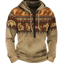 Outlet OUKU Men's Color Block Tribal Graphic Prints Hoodie Hoodies Sweatshirt Daily Ethnic Long Sleeve Half Zip Holiday Going out Streetwear Bronze Dark Green Print Spring & Fall Designer
