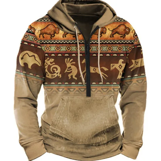 Outlet OUKU Men's Color Block Tribal Graphic Prints Hoodie Hoodies Sweatshirt Daily Ethnic Long Sleeve Half Zip Holiday Going out Streetwear Bronze Dark Green Print Spring & Fall Designer