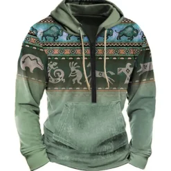 Outlet OUKU Men's Color Block Tribal Graphic Prints Hoodie Hoodies Sweatshirt Daily Ethnic Long Sleeve Half Zip Holiday Going out Streetwear Bronze Dark Green Print Spring & Fall Designer