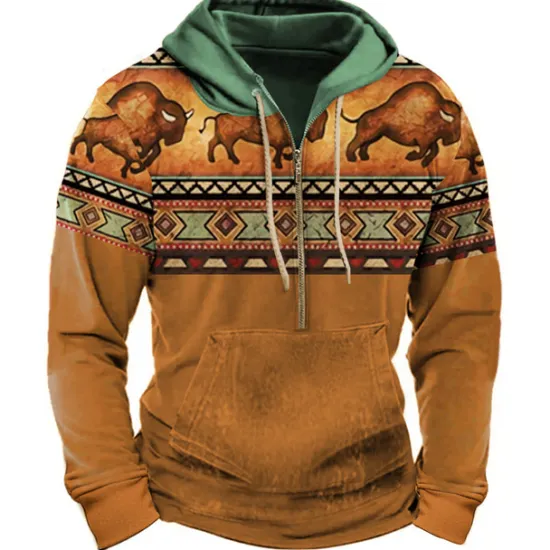 Outlet OUKU Men's Color Block Tribal Graphic Prints Hoodie Hoodies Sweatshirt Daily Ethnic Long Sleeve Half Zip Holiday Going out Streetwear Bronze Dark Green Print Spring & Fall Designer