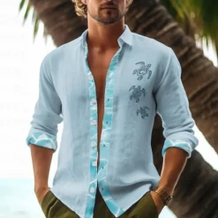 OUKU Men's Color Block Tropical Turtle Summer Hawaiian Shirt Aloha Shirt Printed Shirts Long Sleeve Shirt Turndown Hawaiian Daily Wear Going out Weekend Black White Pink S M L