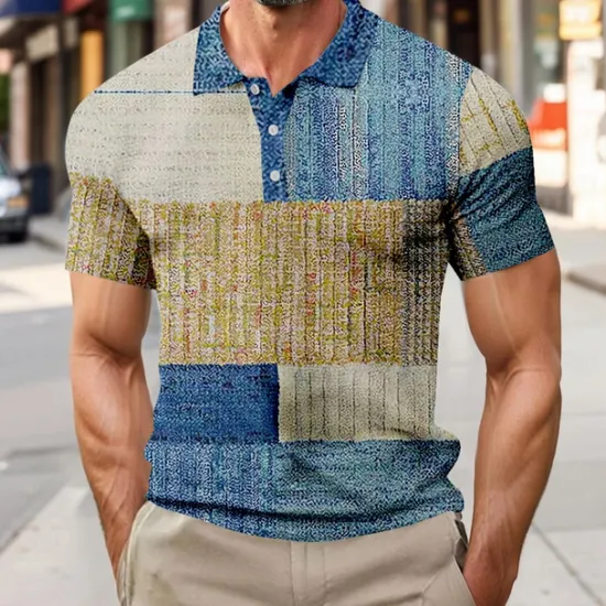 OUKU Men's Color Block Waffle Polo Shirts Short Sleeve Polo Shirts Collared Shirts Business Casual Business Athleisure Daily Wear Buttons 3D Print Summer Blue Purple Brown