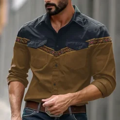 Clearance OUKU Men's Color Block Western Shirt Button Up Shirt Cowboy Shirt Long Sleeve Vintage Western Dailywear Spring Fall Winter Turndown Collared Shirts 3D Print Brown