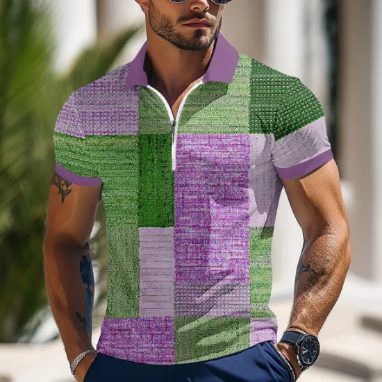 OUKU Men's Color Block Zip Polo Shirts Short Sleeve Polo Shirts Lapel Business Casual Outdoor Athleisure 3D Print Summer Blue Green Gray