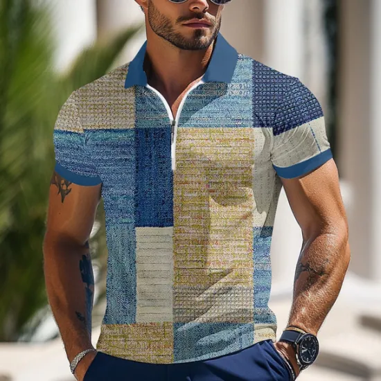 OUKU Men's Color Block Zip Polo Shirts Short Sleeve Polo Shirts Lapel Business Casual Outdoor Athleisure 3D Print Summer Blue Green Gray