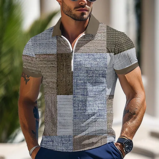 OUKU Men's Color Block Zip Polo Shirts Short Sleeve Polo Shirts Lapel Business Casual Outdoor Athleisure 3D Print Summer Blue Green Gray