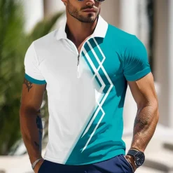 Clearance OUKU Men's Color Block Zip Polo Shirts Short Sleeve Polo Shirts Collared Shirts Business Casual Outdoor Athleisure 3D Print Summer Lake blue Green Dark Blue