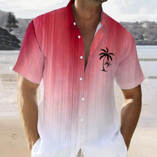 Best OUKU Men's Color Gradient Palm Tree Tropical Plants Summer Hawaiian Shirt Aloha Shirt Short Sleeve Shirt Vacation Hawaiian Outdoor Vacation Hawaiian Red Blue Brown S M L