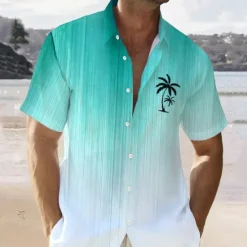 Best OUKU Men's Color Gradient Palm Tree Tropical Plants Summer Hawaiian Shirt Aloha Shirt Short Sleeve Shirt Vacation Hawaiian Outdoor Vacation Hawaiian Red Blue Brown S M L