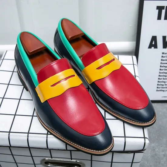 Online OUKU Men's Colorful Faux Leather Loafers - Red, Green, and Yellow Design with Modern Slip-On Style for Casual and Formal Occasions