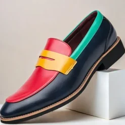 Online OUKU Men's Colorful Faux Leather Loafers - Red, Green, and Yellow Design with Modern Slip-On Style for Casual and Formal Occasions