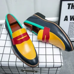 Online OUKU Men's Colorful Faux Leather Loafers - Red, Green, and Yellow Design with Modern Slip-On Style for Casual and Formal Occasions