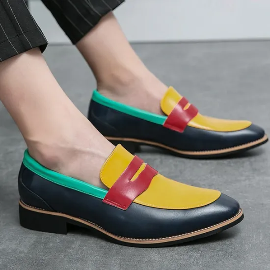 Online OUKU Men's Colorful Faux Leather Loafers - Red, Green, and Yellow Design with Modern Slip-On Style for Casual and Formal Occasions