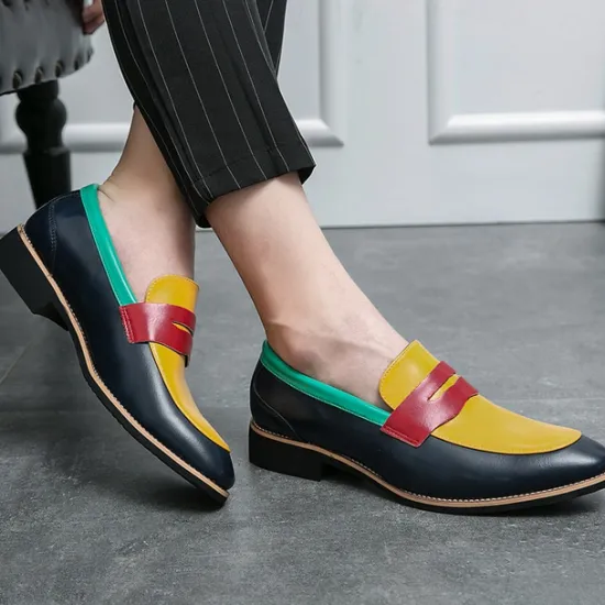 Online OUKU Men's Colorful Faux Leather Loafers - Red, Green, and Yellow Design with Modern Slip-On Style for Casual and Formal Occasions