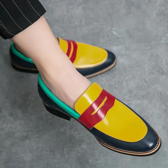 Online OUKU Men's Colorful Faux Leather Loafers - Red, Green, and Yellow Design with Modern Slip-On Style for Casual and Formal Occasions