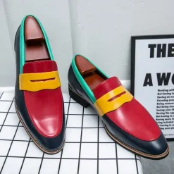 Online OUKU Men's Colorful Faux Leather Loafers - Red, Green, and Yellow Design with Modern Slip-On Style for Casual and Formal Occasions
